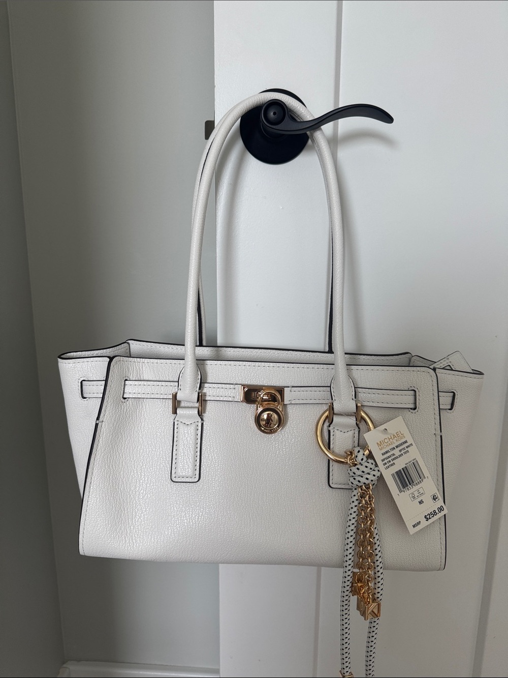 Michael Kors White Pebbled Leather Satchel with Gold Hardware